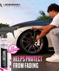 Person applying Dope Shine Gloss Dressing With Applicator 16oz Tire Shine Spray And Plastic Restorer For Cars on a tire