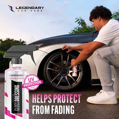 Person applying Dope Shine Gloss Dressing With Applicator 16oz Tire Shine Spray And Plastic Restorer For Cars on a tire