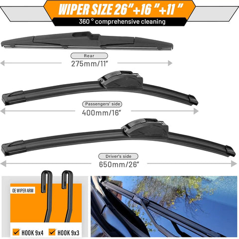 3 Pack Windshield Wiper Blades For Kia Sportage 2017 To 2022, Hyundai Santa Fe 2019 To 2023, Kia Sorento 2016 To 2020, sizes shown