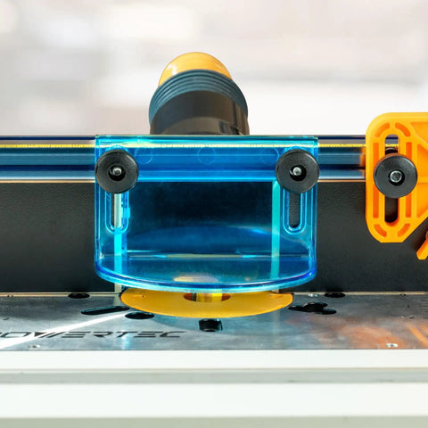 Close-up of Pro Grade Deluxe Router Table Fence Kit For Woodworking with dust port and adjustable bit guard component visible