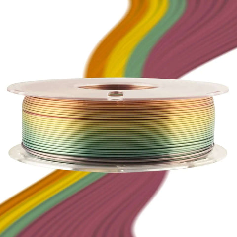 Shiny Gradient Rainbow PLA Filament 1.75mm 1kg Spool for FDM 3D Printing shown with color-changing silk finish.
