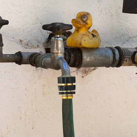 3/4 Inch Garden Hose Quick Connect Fittings Kit With 4 Male Adapters And 4 Female Adapters, Easy Quick Connect System installed on outdoor tap