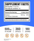 Supplement facts for Calcium Carbonate Capsules 500mg Calcium Supplement Gluten Free 360 Count Pack For Strong Bones And Teeth Support