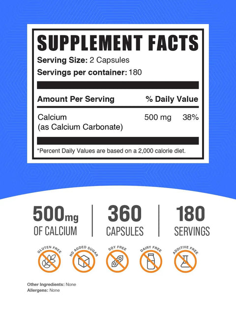 Supplement facts for Calcium Carbonate Capsules 500mg Calcium Supplement Gluten Free 360 Count Pack For Strong Bones And Teeth Support