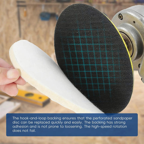 Grab These Awesome 100 Pc Hook Loop Sanding Discs With Aluminum Oxide Grit For Smooth Quick Changes On Power Tools Without Worry About Loose Paper At Super Fast Spin Speeds, close-up of hook-and-loop backing.