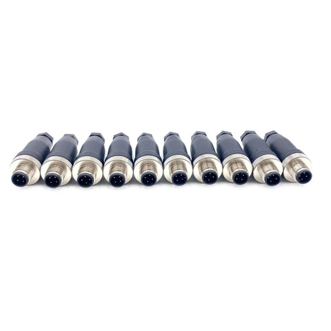 Array of M12 4 Pin Waterproof Male Circular Connector IP67 For Field Wiring Straight Sensor Adapter Workhorse with brass contacts.