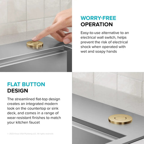 Flat Top Garbage Disposal Air Switch Button In Brushed Brass Universal Replacement on a kitchen countertop