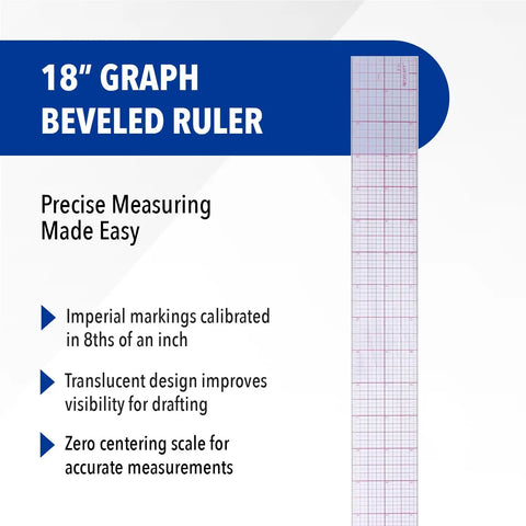 18 Inch Transparent Beveled Ruler With Center Zero, 8ths Of An Inch On One Side And Centimeters On The Other, Go To Drafting Ruler For Architects, Artists, And DIYers, Clear Edge, Durable Plastic on white background
