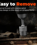 Bolt Extractor Kit 14 Piece Impact Grade CRMO Steel Nut Remover Set With Three Eighths Inch Drive Socket shown in use on a rusted bolt