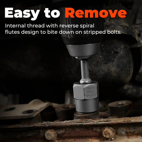 Bolt Extractor Kit 14 Piece Impact Grade CRMO Steel Nut Remover Set With Three Eighths Inch Drive Socket shown in use on a rusted bolt