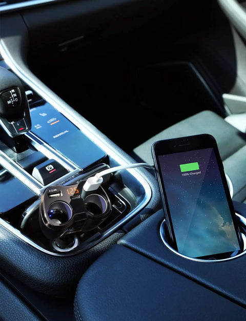 2 Socket Car Charger With Independent Switch in car, 80W per socket, 12/24V splitter, dual USB-C ports charging phone