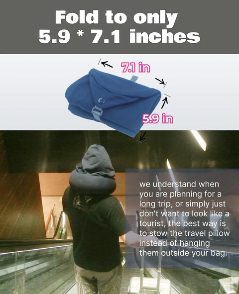 Travel Neck Pillow With Built In Two Way Hood And Stuffable Pocket Turns Pillow Into Extra Carry On Luggage Cotton Light Blocking Navy Lightweight Comfort For Long Hauls And Air Travel folded to 5.9 x 7.1 in
