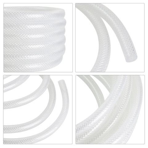 Clear braided PVC hose, 3/8 in ID × 19/32 in OD, 50 ft, flexible tubing for water, air, and oil transfer.