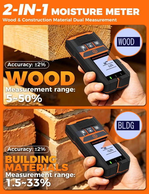 2 In 1 Stud Finder And Moisture Meter With Humidity Detection For Walls Deep Scan Wall Scanner To Locate Studs Pipes And Lumber Moisture Levels black handheld device on wood and brick