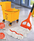 Six Pack Safety Orange Cotton Mop Head Replacements Built Tough Heavy Duty String Refills Gobbles Up Liquids Fast with mop and bucket.