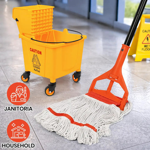 Six Pack Safety Orange Cotton Mop Head Replacements Built Tough Heavy Duty String Refills Gobbles Up Liquids Fast with mop and bucket.