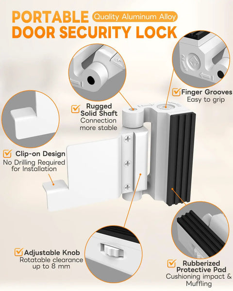 Portable Door Lock features adjustable knob, rugged aluminum alloy, and easy grip finger grooves for travel security.
