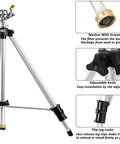 Heavy Duty Impact Sprinkler On Tripod Base With Extra Tall Pulsating Metal Sprinkler For Large Yards And Gardens Telescoping Legs Waters Up To 90 Ft Diameter Durable Tripod System with adjustable knob and flip leg locks.