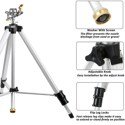 Heavy Duty Impact Sprinkler On Tripod Base With Extra Tall Pulsating Metal Sprinkler For Large Yards And Gardens Telescoping Legs Waters Up To 90 Ft Diameter Durable Tripod System with adjustable knob and flip leg locks.