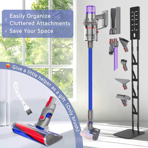 Universal Storage Stand For Dyson And Most Cordless Vacuums With A Heavy Duty Carbon Steel Base in black, wall-mounted with attachments.