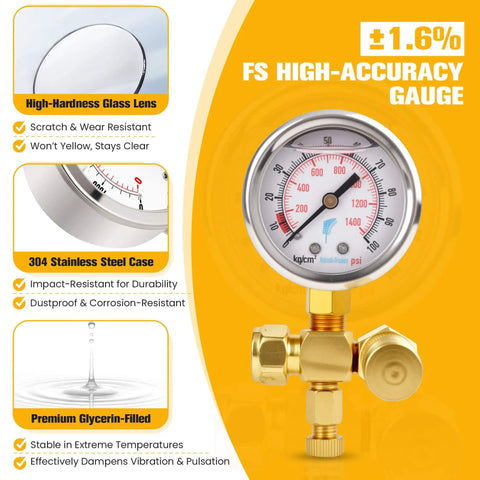 Hydraulic Breaker Nitrogen Charge Kit With Gauge And Hose 0-1420 PSI 0-98 Bar G5/8 To CGA580 Adapter For Excavators Post Drivers And Heavy Equipment Built Tough With Stainless Steel Gauge Case