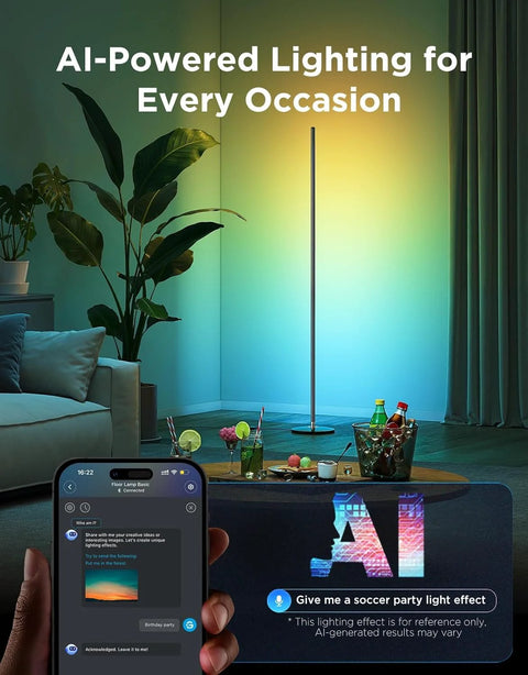 Govee RGBIC Floor Lamp Basic, 1000lm LED standing lamp controlled via smartphone app, color-changing lighting.