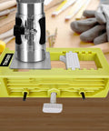 Door Hinge Router Template Kit With Clamps And Mortise Jig For Quick Ninety Degree Hinge Mounting in use on table