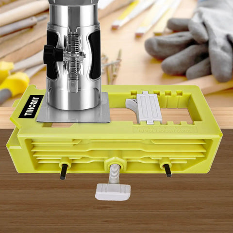 Door Hinge Router Template Kit With Clamps And Mortise Jig For Quick Ninety Degree Hinge Mounting in use on table