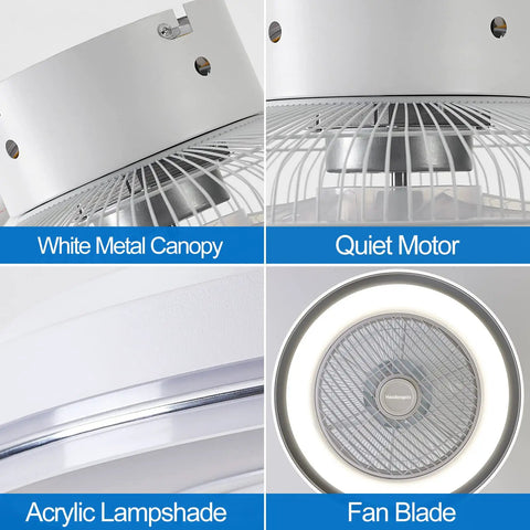 Close-up of 21 Inch Bladeless Ceiling Fan With Light And Remote showing canopy, copper motor, lampshade, and fan blade details.