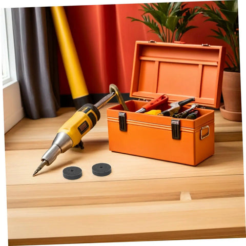 Nylon Polishing Wheels Set Six Pieces 10mm Hole For Metal Buffing Car Detailing Stone Finishing And Grinding Machines To Make Everything Shine Real Nice with tools and toolbox on wooden surface.
