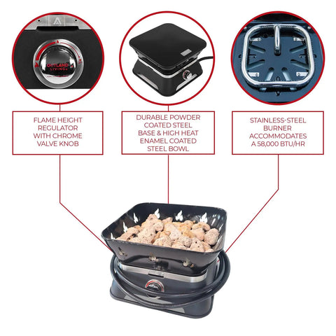 Firecube 14 Inch Portable Smokeless Propane Fire Pit With Carry Kit And Lava Rocks, 58,000 BTU, black design details