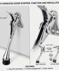 Heavy Duty Kick Down Door Stop Hands Free Door Stopper for home, office, hotel; silver zinc alloy with foot lever and rubber base.