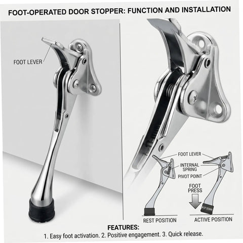 Heavy Duty Kick Down Door Stop Hands Free Door Stopper for home, office, hotel; silver zinc alloy with foot lever and rubber base.