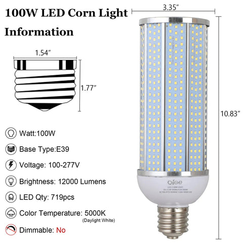 100W LED Corn Bulbs 12000 Lumens Beefed Up Brightness Daylight 5000K Instant On AC110 277V E39 Mogul Base Replacement