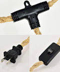 Three Light Hemp Rope Plug In Pendant Light With Woven Rattan Shade And Adjustable Cord Switch, featuring adjustable cord and switch.