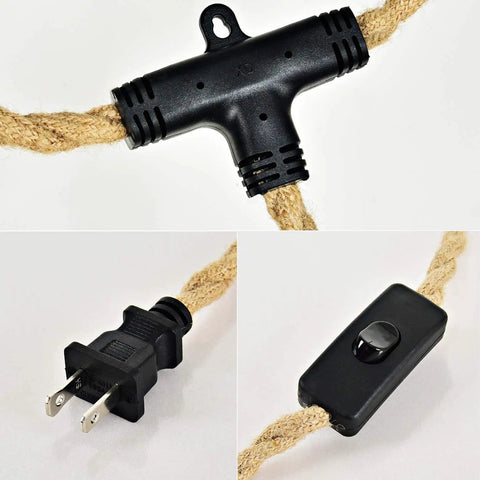 Three Light Hemp Rope Plug In Pendant Light With Woven Rattan Shade And Adjustable Cord Switch, featuring adjustable cord and switch.