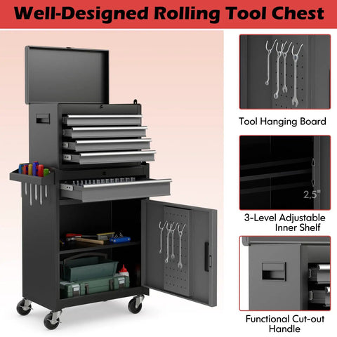 Built Tough 5 Drawer Tool Chest With Detachable Toolbox And Lockable Wheels Rolling Cabinet For Garage Workshop 2 In 1 Metal Storage Cart With Top Tray Tool Rack And Protective Liner showing open drawers and door, with tools displayed on hanging board.