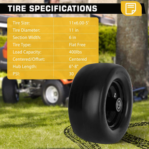 2 Pack 11x6.00-5 Flat Free Lawn Mower Tires And Wheels, Solid Front Tires For Zero Turn Mower, Tubeless PU Material