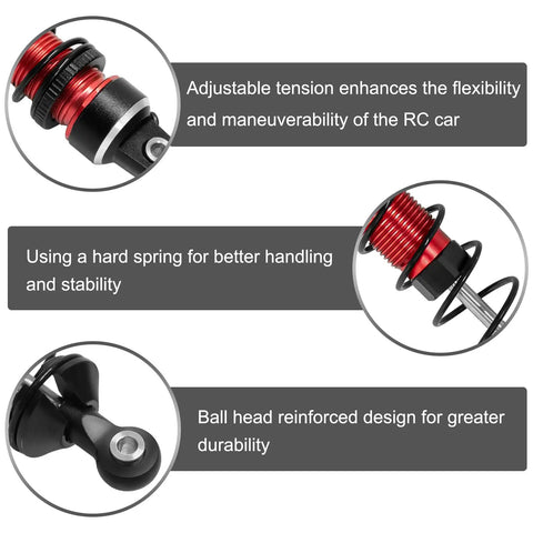 Close-up of Aluminum RC Shock Absorber Set Front And Rear With Adjustable Springs Red For 1 By 16 Traxxas Mini Maxx 4WD Upgrade Kit