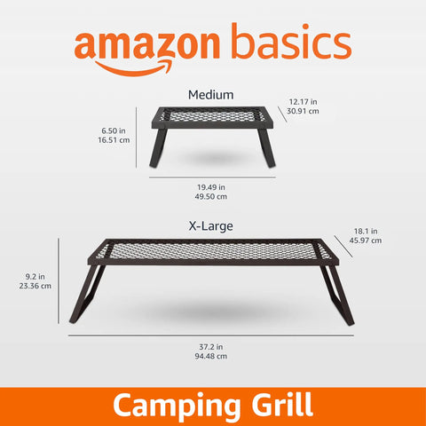 Heavy-Duty Portable Camping Grill Grate For Open Flame Cooking, foldable sturdy steel mesh, two sizes with measurements, black