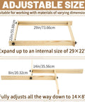 Juice Groove Router Jig With Adjustable Workspace includes measurements for expanding workspace up to 29x22 inches in light brown finish.