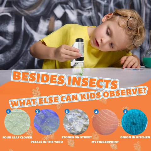 Cool Kids Microscope Portable Pocket Lab 50x To 300x Magnification Handheld Science Toy For Learning Interactive Discovery Gift For Ages 3 Plus Dark Green, child using it on insects
