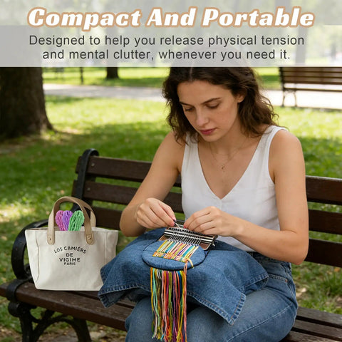 Woman using Knit Patch Loom Kit For Beginners And Mending 2.0 Mending Loom For Holes And Worn Spots On Clothes And Denim Includes 36 Threads For Visible Repairs And Reinforcement on denim outdoors.