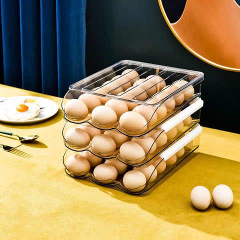 Three Layer Ramp Type Auto Rolling Egg Holder For Fridge, clear stackable storage, food grade PET, holds up to 18 eggs per layer