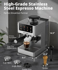 Espresso Machine With Burr Grinder And 20 Bar Pressure, with steam wand and detachable drip tray, shown with accessories.