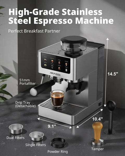 Espresso Machine With Burr Grinder And 20 Bar Pressure, with steam wand and detachable drip tray, shown with accessories.