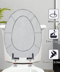 Elongated Retro backgrounds Toilet Seat with grey design, showing easy installation features and metal link hardware.