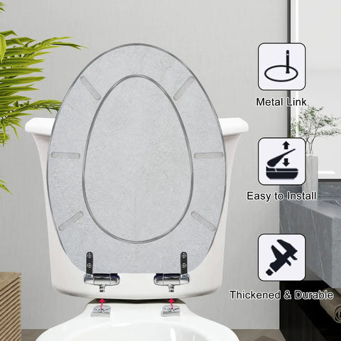 Elongated Retro backgrounds Toilet Seat with grey design, showing easy installation features and metal link hardware.