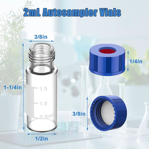 2ml Borosilicate Glass Autosampler Vials 1000 Pack With 9 425 Screw Tops For HPLC And GC Chromatography, featuring dimensions and screw cap.