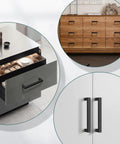 25 Pack Black Cabinet Handles Square Drawer Pulls 4 Inch Overall Length 96mm Hole Center 3-3/4 Inch Solid Zinc Alloy Kitchen Cabinet Pulls For Cabinets, Dresser, And Furniture In Modern Homes shown on various furniture pieces.